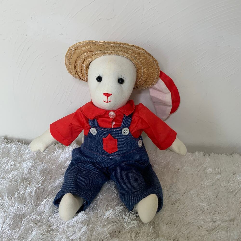 Handmade Vintage Rabbit Denim Overalls Red Shirt 14" long